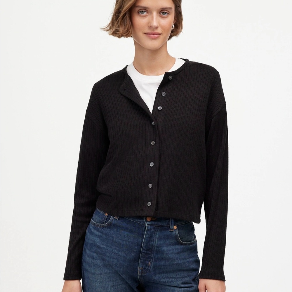 Madewell Black Ribbed Cardigan with Button-Up Front